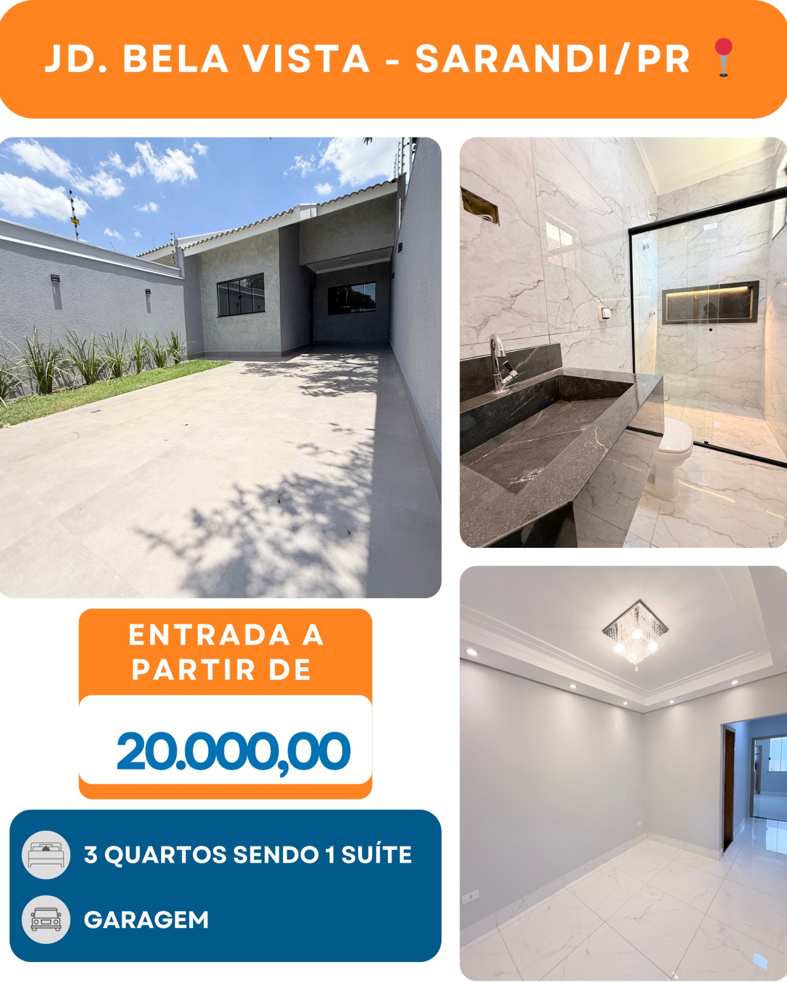 Jd. Bela Vista Entrada a partir de R$ 20.000,00 com 3 quartos sendo 1 suíte e área gourmet📍